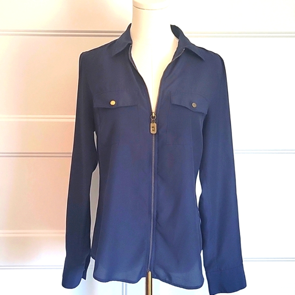 Michael Kors Blue Long Sleeve Zip Shirt